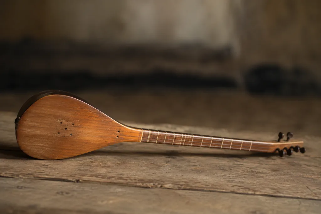 A tanbur, an ancient string instrument with a long neck used in traditional music.