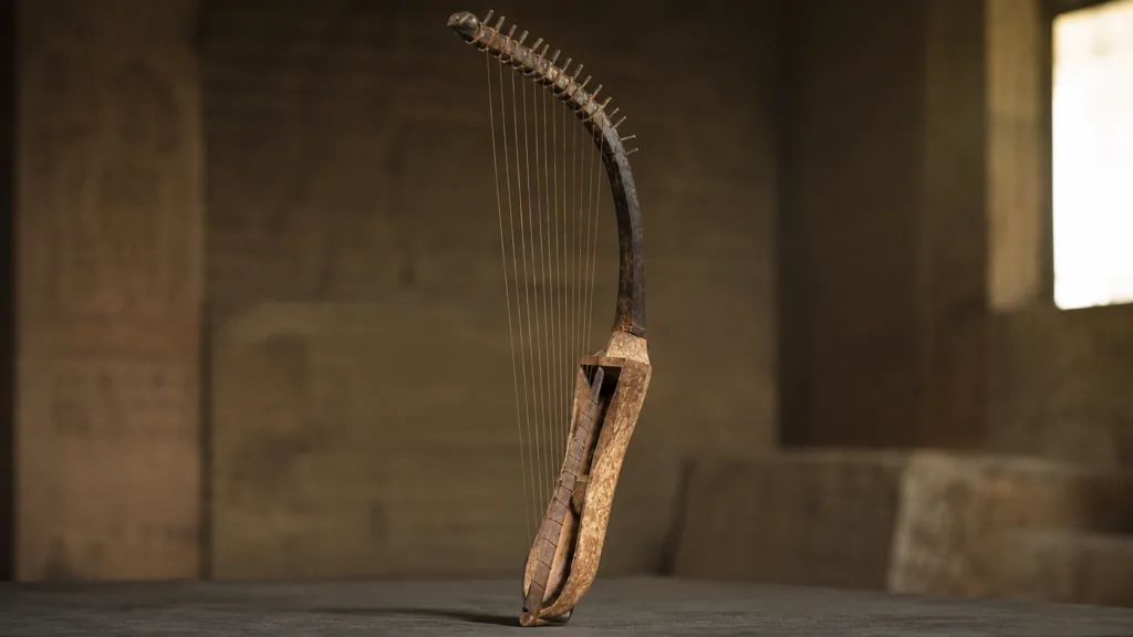 Ancient Egyptian harp showcases craftsmanship and artistic design from Egypt's historic music instruments.