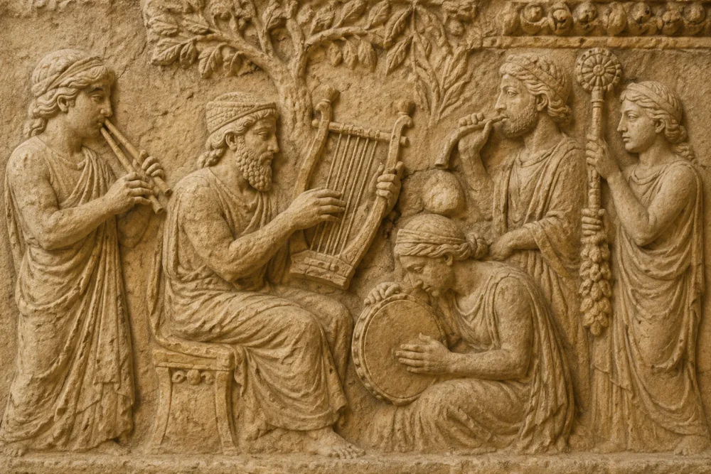 Ancient stone relief depicting musicians and ceremonial instruments