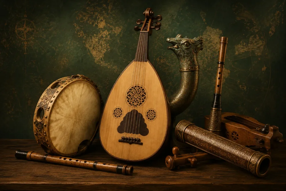 Antique world map representing regional musical traditions