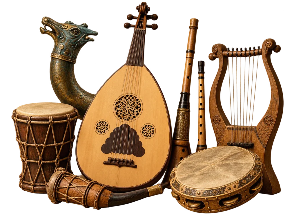 Rare musical instruments including oud, carnyx, lyre, drums and traditional wind instruments