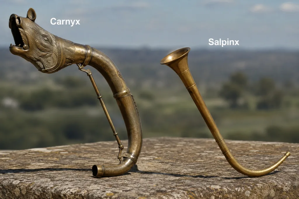 Ancient war horns showcasing the distinct design differences between a carnyx and a salpinx.