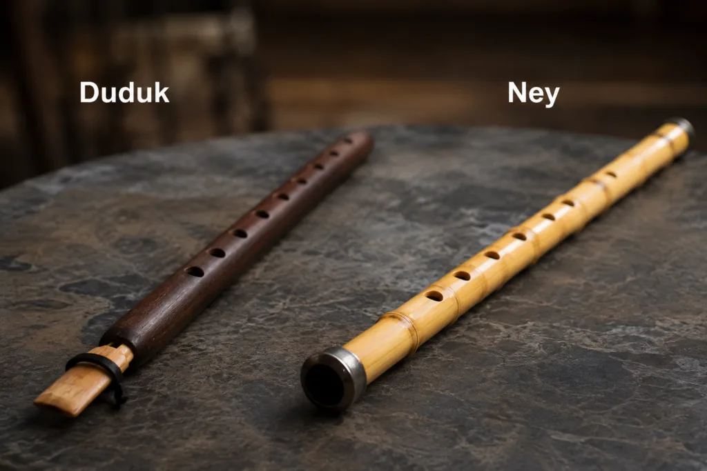 Traditional duduk and ney reed instruments are shown side by side, symbolizing rich musical heritage and ancient sounds.