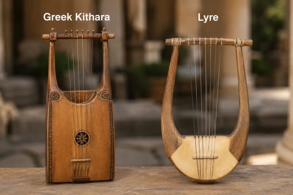 Traditional Greek kithara and lyre, ancient stringed instruments used for music and cultural performances.