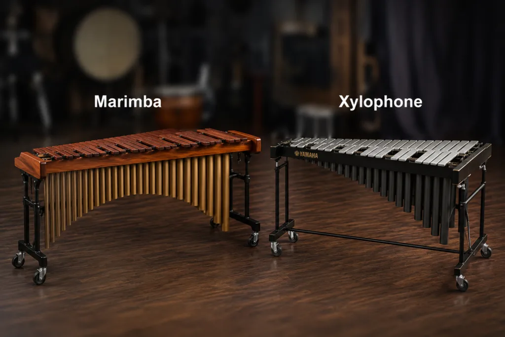 Marimba and xylophone percussion instruments placed side by side, highlighting their differences in sound and construction.