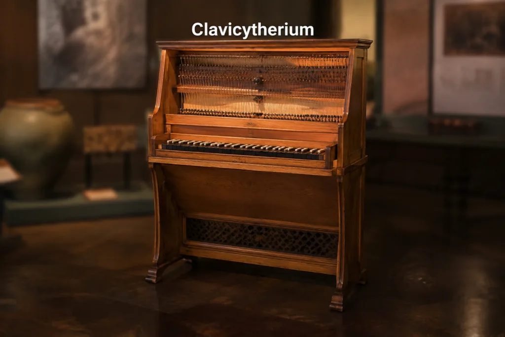 Clavicytherium, a medieval upright harpsichord, showcasing its distinctive wooden case and classic string layout.